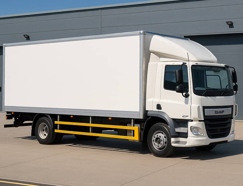 White box truck, part of Glasgow Vehicle Hire fleet